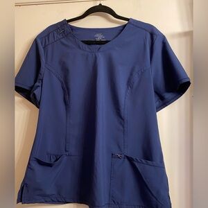 Cherokee Infinity Scrub Top Womens XL Navy Blue Split Round Neck Stretch.